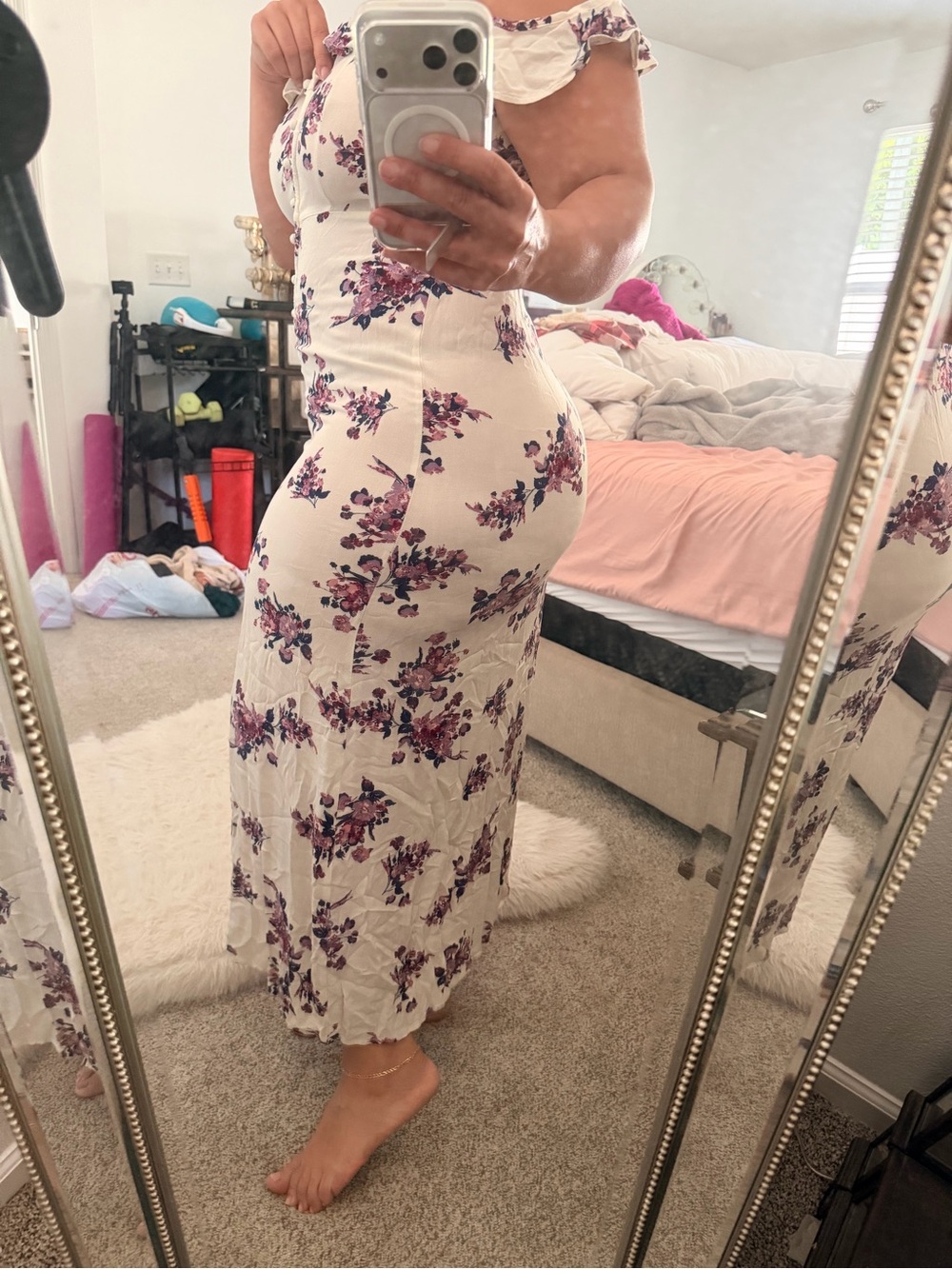 Floral Cream Maxi Skirt with Purple Print